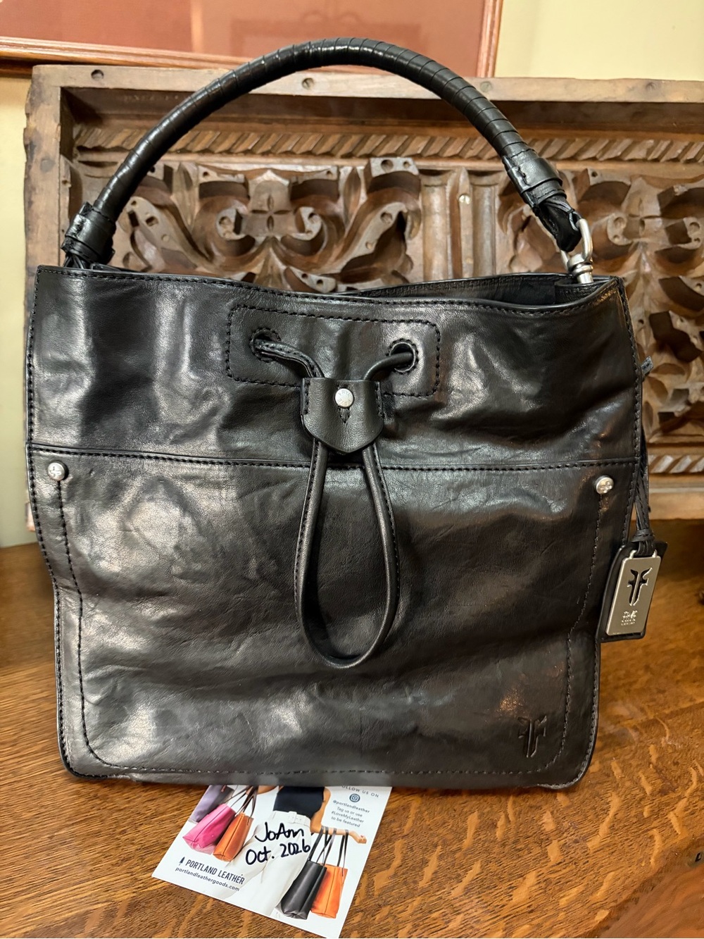 Frye Black Leather Demi Hobo Drawstring Tote Bag